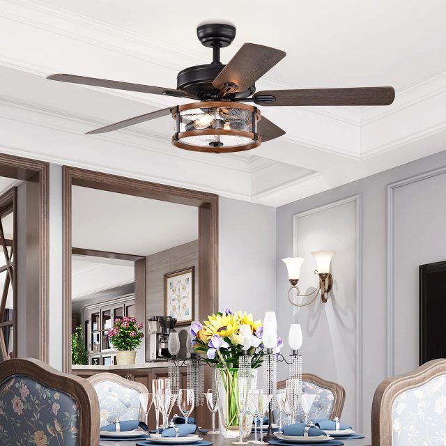 52Inch Ceiling Fan Light with Remote Control, Ceiling Lighting Fan with 5 Blades & Bubble Glass Shade