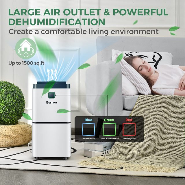 1500 Sq. Ft Dehumidifier for Home & Medium Spaces, Portable 24 Pints Dehumidifier w/ 3 Color LED Light