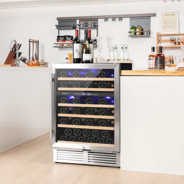 24 Inch Wine Cooler, 51 Bottles Dual Zone Wine Refrigerator w/Stainless Steel Tempered Glass Door