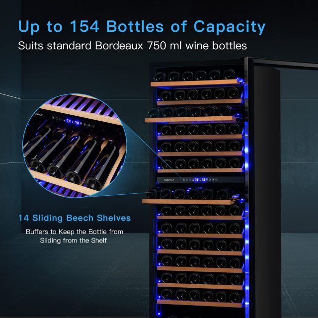 24-Inch Wine Cooler Refrigerator, 154-Bottle Dual Zone Wine Cellar with Lock, Dual Temperature Control