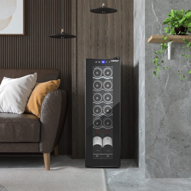 10 Inch Wine Cooler, 12 Bottles Wine Refrigerator w/Digital Temperature Control, Double-Layer Door