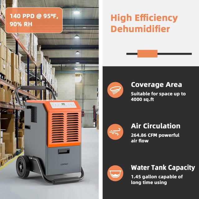 ARLIME 140 pints Commercial Dehumidifier, Industrial Dehumidifier with 1.45 Gallon Water Tank & Drainage Pipe