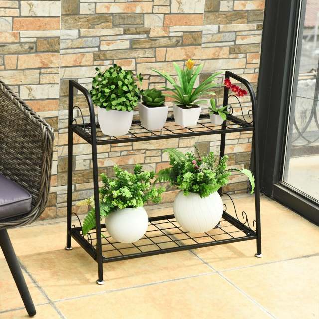 2-Tier Metal Plant Stand, Indoor/Outdoor Flower Pot Holder with Adjustable Feet, Display Shelf for Garden, Balcony, Living Room