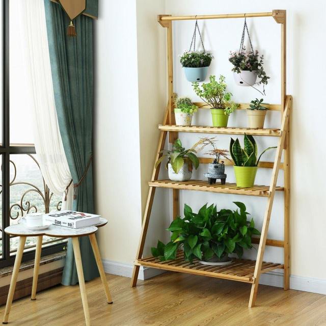 3 Tier Bamboo Hanging Plant Stand Folding Planter Shelf Indoor Outdoor Flower Pot Organizer Display Storage Rack with Adjustable Hanger Rod