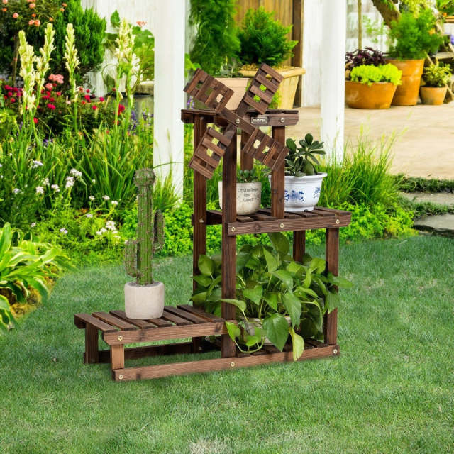 4 Tier Wood Plant Stand Flower Pot Holder with Windmill