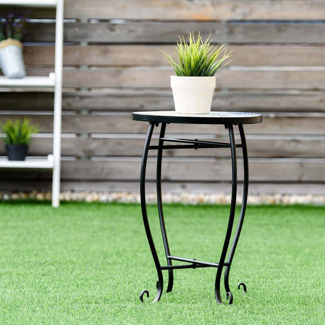 Outdoor Indoor Steel Round Accent Table Mosaic Plant Stand Cobalt Table