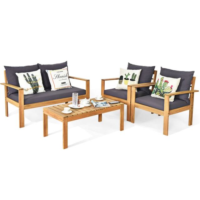 4 Piece Acacia Wood Patio Conversation Set Outdoor Chat Set with Loveseat Chairs & Coffee Table