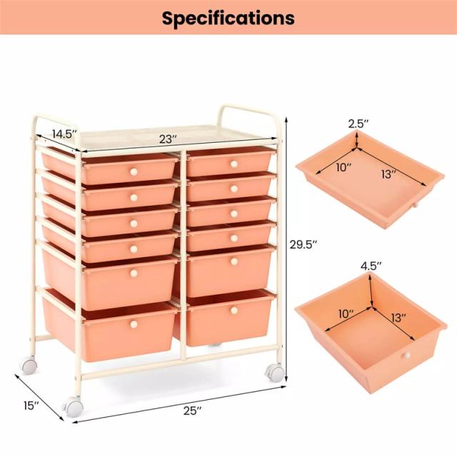 12-Drawer Rolling Storage Cart, Multipurpose Organizer Cart with Lockable Casters, Mobile Utility Cart for School Office Beauty Salon