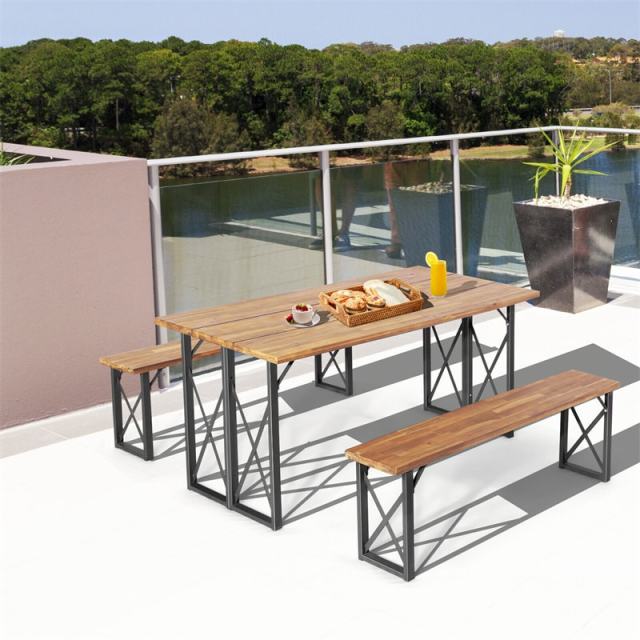 3-Piece Outdoor Picnic Table Set for 4-6 Persons, 67" Acacia Wood Dining Table with 2 Benches & 2" Umbrella Hole, Heavy-Duty Patio Rectangular Table