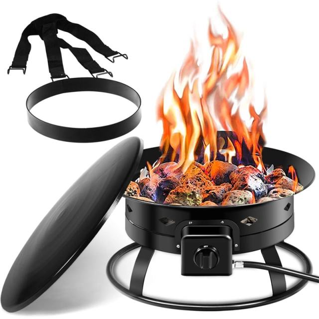 58,000 BTU Portable Propane Fire Pit, 19" Gas Fire Bowl with Cover, Lava Rocks, Carry Kit & Tank Stabilizer for Outdoor Camping, Patio, Backyard