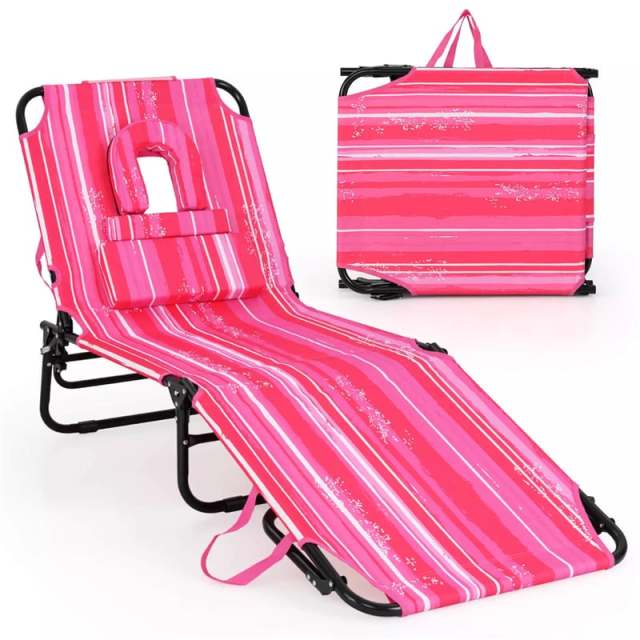 Folding Beach Chaise Lounge Chair, 5-Position Adjustable Sunbathing Recliner with Face Hole, Removable Pillows, Carry Strap, 350LB Support