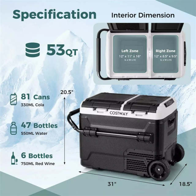 53 Quart Dual Zone Car Refrigerator with Wheels, Portable Car Fridge Freezer 12V/24V DC, 100-240V AC Electric Cooler for RV Camping