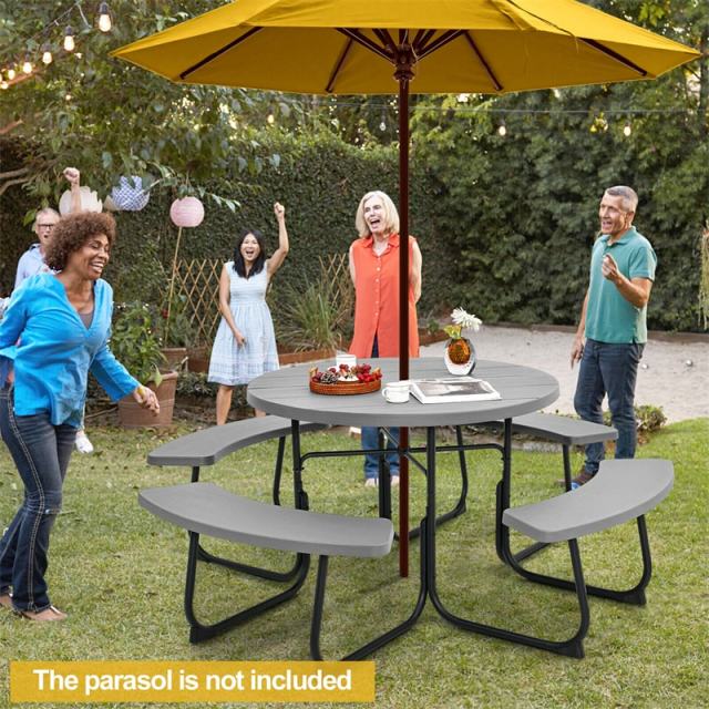 8-Person Outdoor Round HDPE Picnic Table & Bench Set with Umbrella Hole, Metal Frame, 2000LBS Capacity Patio Table Bench Set for Backyard Garden