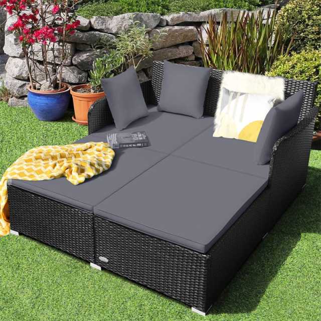 Patio Rattan Daybed Wicker Outdoor Double Chaise Lounge with Cushions & Pillows, Sectional Sofa Double Sun Lounger with Spacious Seat