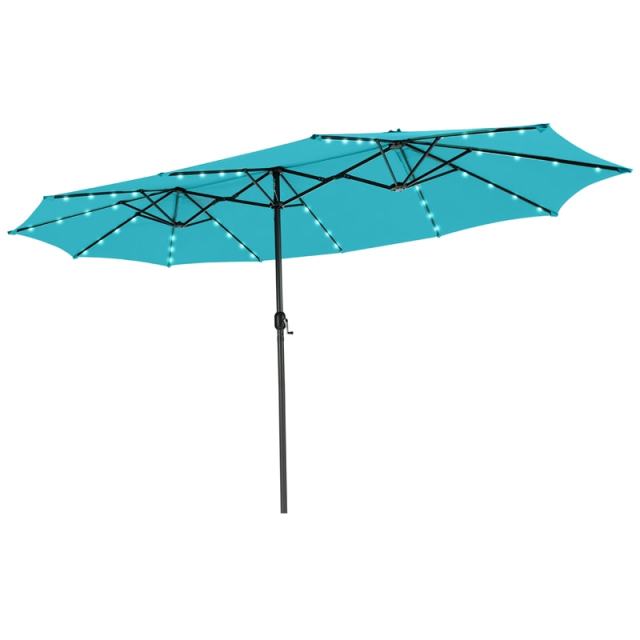 15FT Double-Sided Patio Umbrella with 48 Solar LED Lights & Crank Handle, Extra Large Outdoor Market Umbrella for Poolside, Deck, Backyard