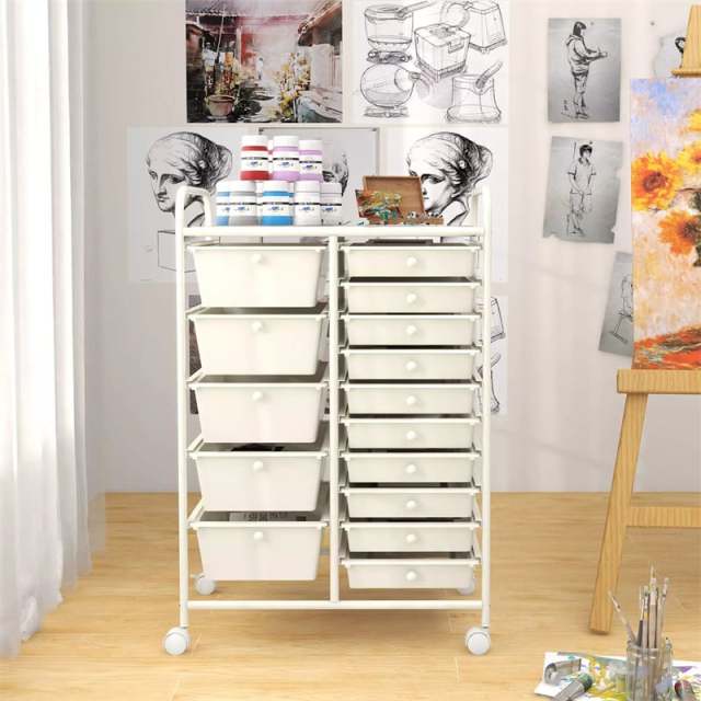 15-Drawer Rolling Storage Cart, Art &  Craft Organizer with Wheels & Removable Drawers for Tools, Scrapbook Paper, Home Office School
