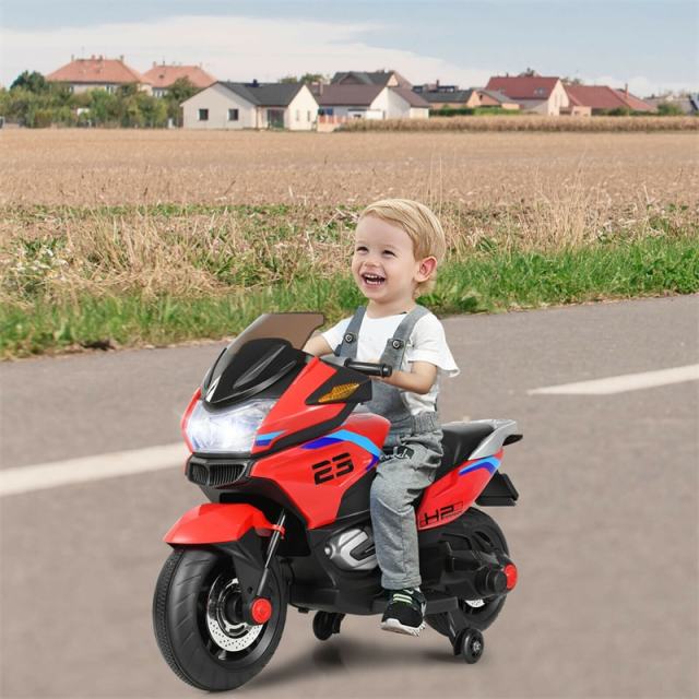 12V Kids Ride-On Motorcycle with Training Wheels, LED Lights & Foot Pedal, Battery-Powered Electric Ride On Motorbike for Boys/Girls Ages 3+
