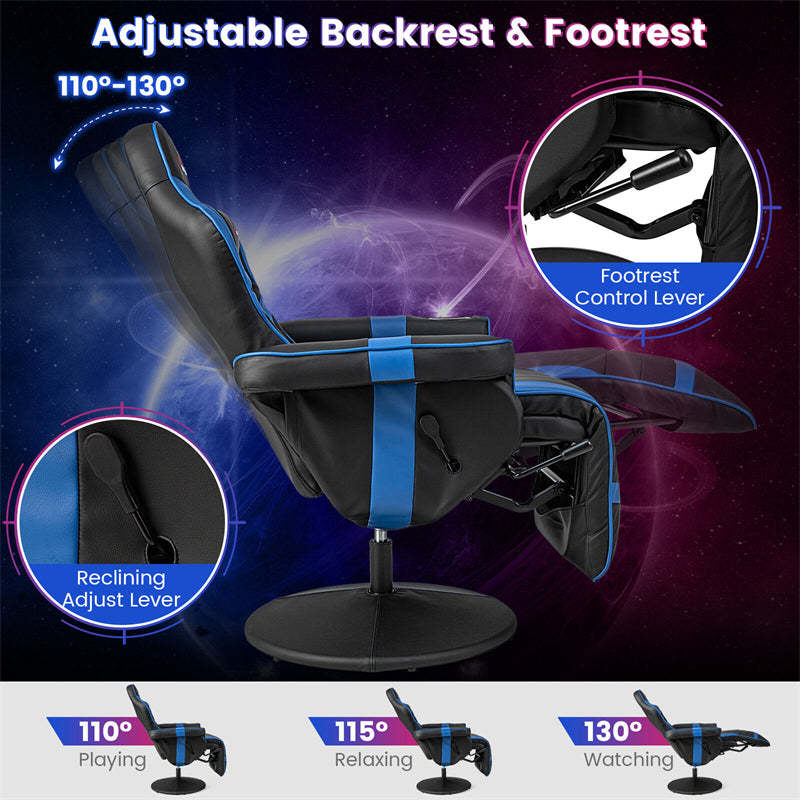 Gaming Recliner Adjustable Height Massage Gaming Chair with Retractable Footrest & Cup Holder, Ergonomic Swivel Video Game Chair Recliner Sofa