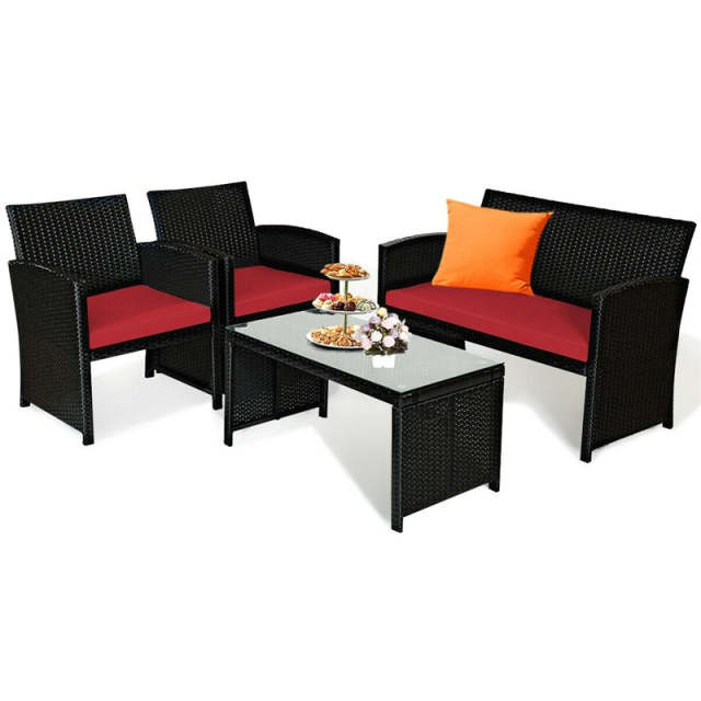 4-Piece Rattan Patio Furniture Set, Weather-Resistant Outdoor Wicker Conversation Sofa with Cushions & Tempered Glass Table for Backyard