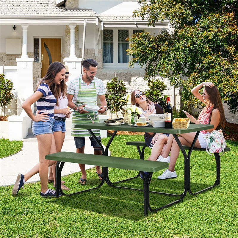 Outdoor Picnic Table Bench Set, All-Weather Metal Frame Camping Table with Built-in Benches & Wood-Like Tabletop for Backyard, Patio, Poolside