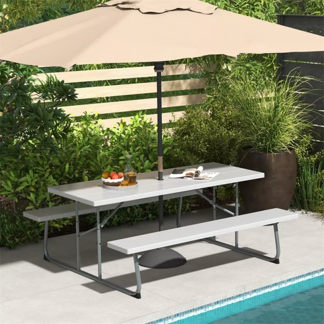 8-Person 6FT Folding Picnic Table & Bench Set, Heavy Duty All-Weather HDPE Outdoor Dining Table with Umbrella Hole & 2 Built-in Benches