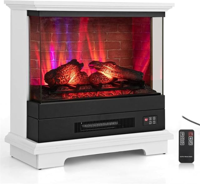 27" Electric Fireplace with Mantel, 3-Sided Glass View Freestanding Heater 1400W with 7 Flame Colors, Remote, 6H Timer & Overheat Protection