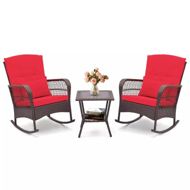 3-Piece Rattan Patio Rocker Set with 2 Rocking Chairs, Tempered Glass Coffee Table & Cushions, Outdoor Bistro Set for Porch, Poolside, Backyard