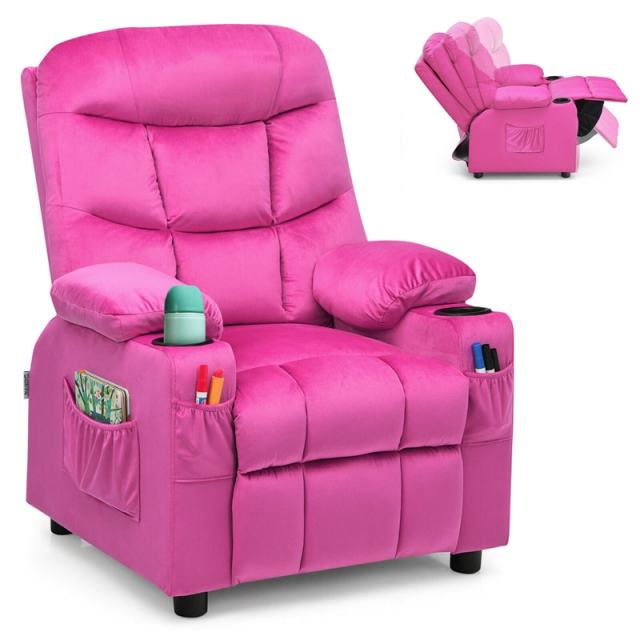 Kids Recliner Chair, Adjustable Velvet Recliner with Footrest, 2 Cup Holders & Side Pockets, Ergonomic Toddler Recliner Sofa for Boys Girls Room
