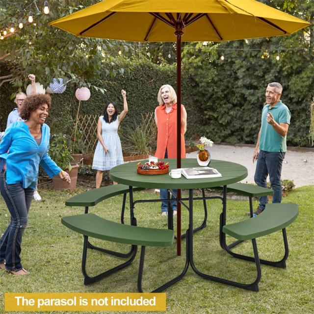 8-Person Outdoor Round HDPE Picnic Table & Bench Set with Umbrella Hole, Metal Frame, 2000LBS Capacity Patio Table Bench Set for Backyard Garden