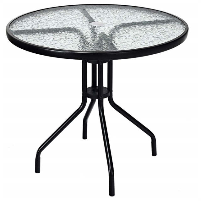 32" Round Outdoor Dining Table All Weather Patio Side Table with Umbrella Hole, Tempered Glass Top & Steel Frame