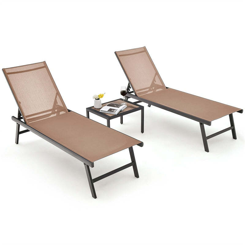 3-Piece Outdoor Aluminum Chaise Lounge Set with Side Table, 6-Position Adjustable Backrest Patio Lounge Chair for Poolside & Backyard