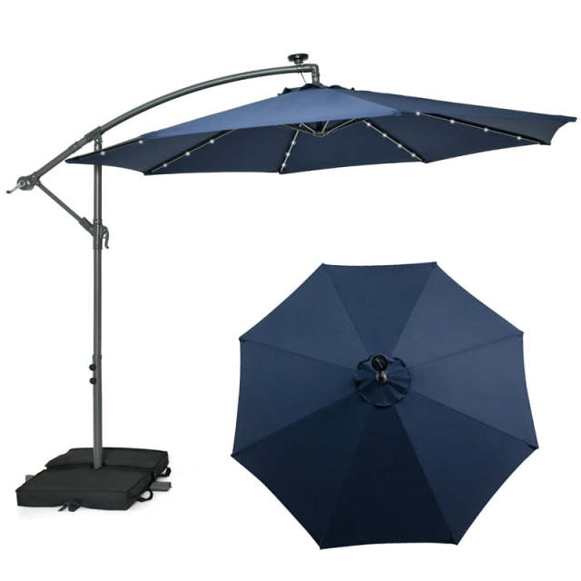 10FT Solar Offset Patio Umbrella, Hanging Cantilever Umbrella with 32 LED Lights, Adjustable Tilt, Sand Bag Base for Garden, Poolside, Yard