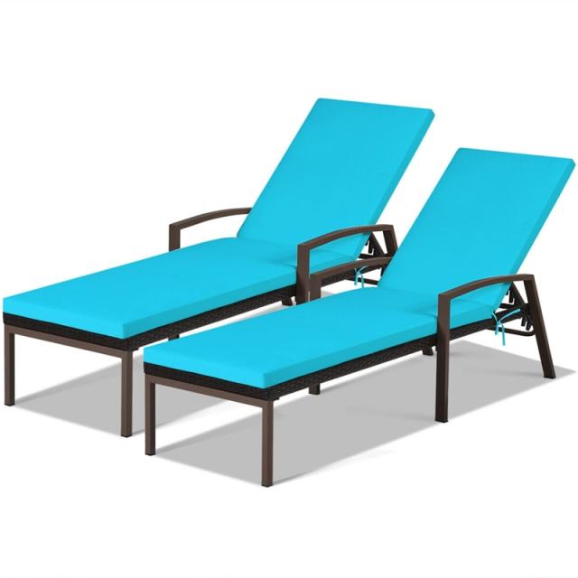 2PCS Wicker Outdoor Chaise Lounge Chairs with Cushions & 5 Adjustable Backrest, PE Rattan Patio Sun Loungers for Poolside, Backyard, Deck