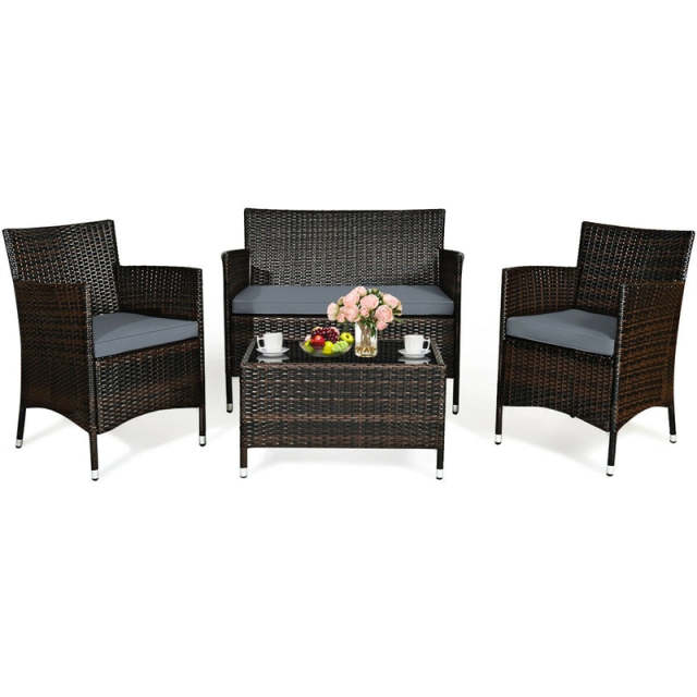 4PCS Patio Rattan Conversation Furniture Set with Cushions & Tempered Glass Coffee Table, Outdoor Rattan Sofa Set for Garden Lawn Poolside