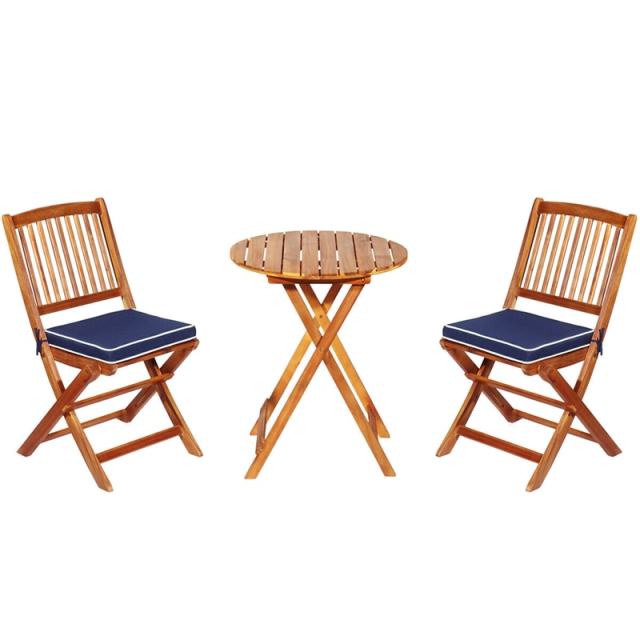 3PCS Patio Bistro Set Acacia Wood Folding Bistro Table Chair Set with Padded Cushions for Outdoor Garden Yard