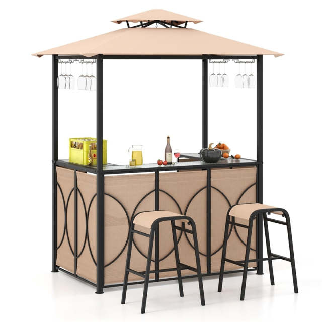 3 Piece Patio Bar Set, Grill Gazebo with 2 Bar Stools, Tempered Glass Bar Table, Double-Tier Canopy, Metal Storage Shelves for Garden, Poolside