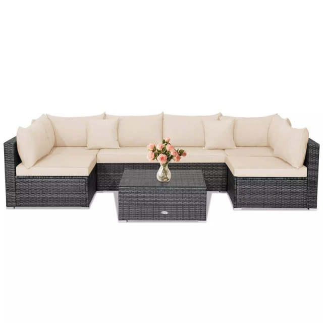 7PCS PE Rattan Modular Outdoor Sectional Set with Tempered Glass Top Table & Cushions, Patio Sofa Furniture for Backyard, Poolside Garden