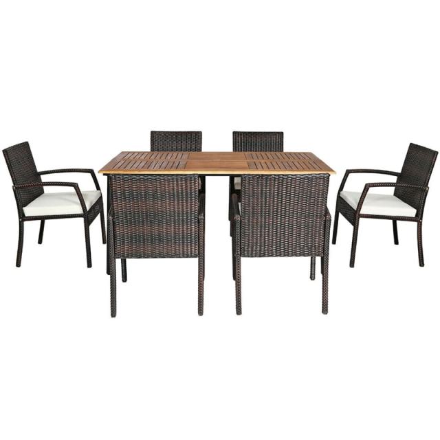7 Piece Patio Wicker Dining Set Outdoor Acacia Wood Dining Furniture Set with Umbrella Hole & Steel Rattan Armchairs
