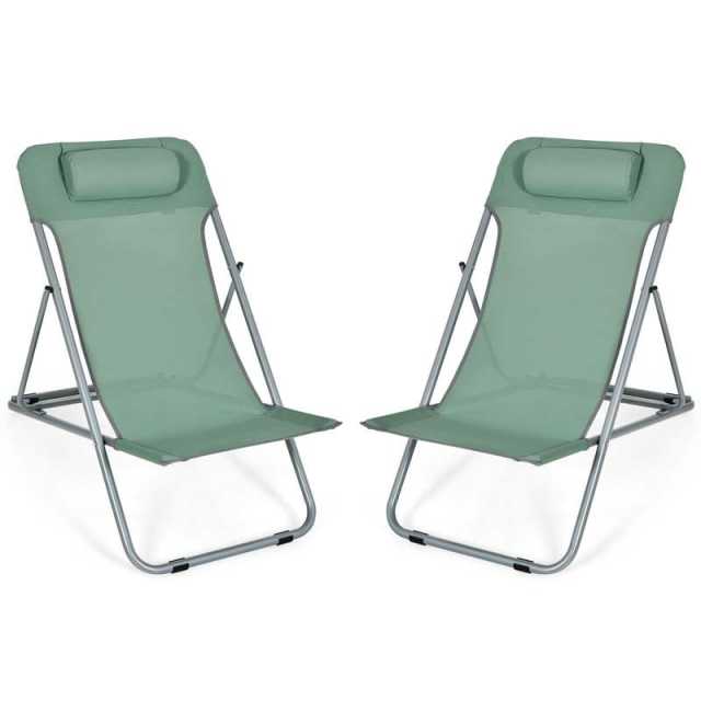 2-Pack Beach Chairs, Folding Lounge Chairs with Adjustable Backrests & Headrests, Portable Lightweight Chairs for Camping, Deck, Sunbathing