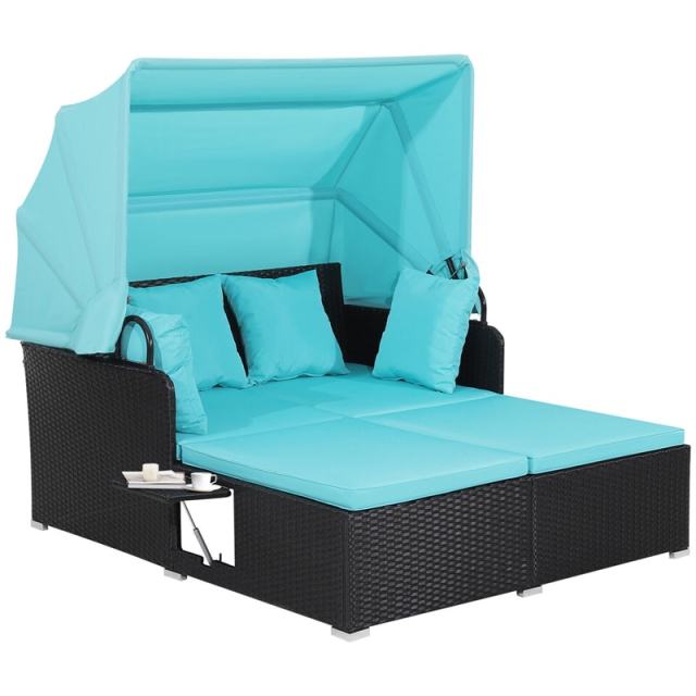 Outdoor Wicker Daybed, Hand-Woven Rattan Daybed with Retractable Canopy, 2 Side Tables, Soft Cushions, Chaise Loveseat for Garden Backyard
