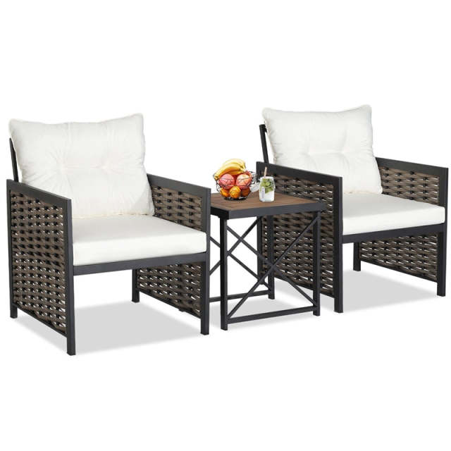 3 Piece Patio Rattan Furniture Set with 2 Cushioned Chairs, Acacia Wood Coffee Table, Heavy-Duty Metal Frame Outdoor Wicker Conversation Set