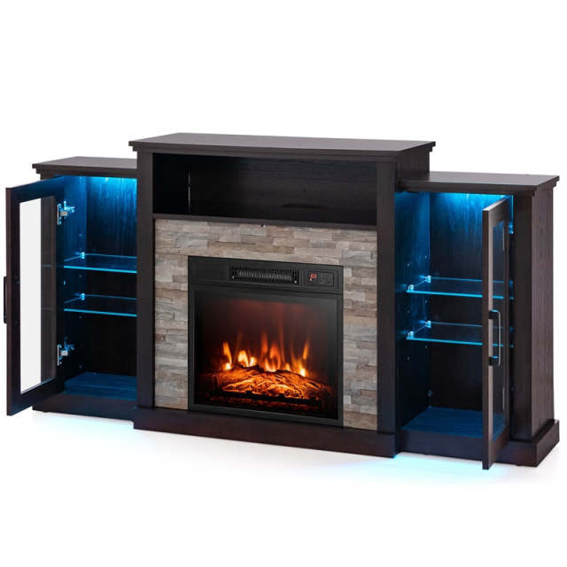 59" Fireplace TV Stand for TVs up to 65", Entertainment Center with LED Lights, 18" Electric Fireplace, Remote & APP Control, Glass Shelves