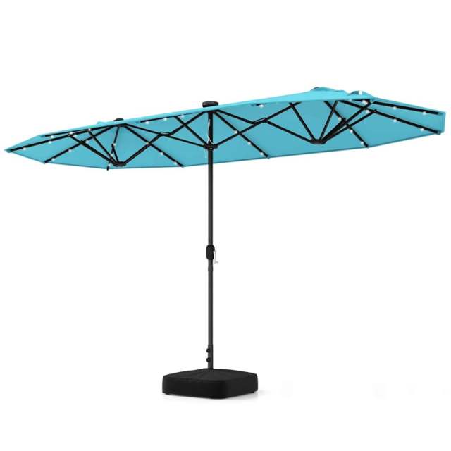 13FT Double-sided Patio Umbrella with Base, 36 Solar LED Lights & Crank Handle, Large Twin Table Umbrella for Poolside, Outdoor Dining
