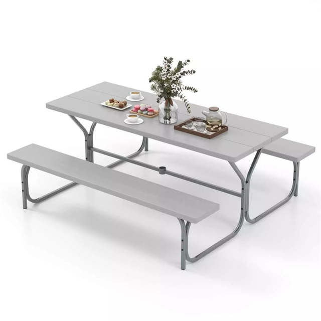 6FT Picnic Table & Bench Set for 8-Person, Heavy Duty Weather-Resistant Outdoor Dining Table with Umbrella Hole HDPE Tabletop & Built-in Benches