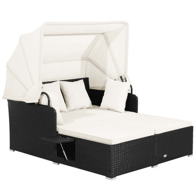 Outdoor Wicker Daybed, Hand-Woven Rattan Daybed with Retractable Canopy, 2 Side Tables, Soft Cushions, Chaise Loveseat for Garden Backyard