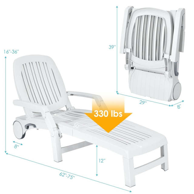 he Folding Outdoor Chaise Lounge, Weatherproof Plastic Lounge Chair with 6-Position Adjustable Backrest & Wheels for Poolside, Patio, Beach