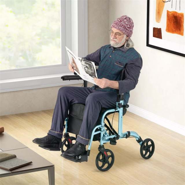 2-in-1 Folding Rollator Walker Wheelchair Combo with Backrest & Adjustable Height, 300lbs Aluminum Mobility Walking Aid for Seniors/Adults