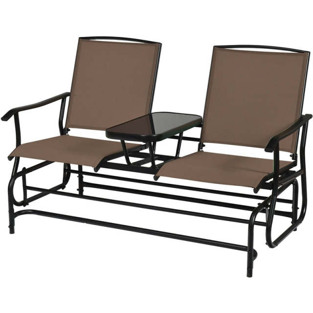 2-Person Outdoor Glider Chair with Center Tempered Glass Table, Steel Frame & Breathable Mesh, Patio Rocking Bench for Porch Garden Poolside