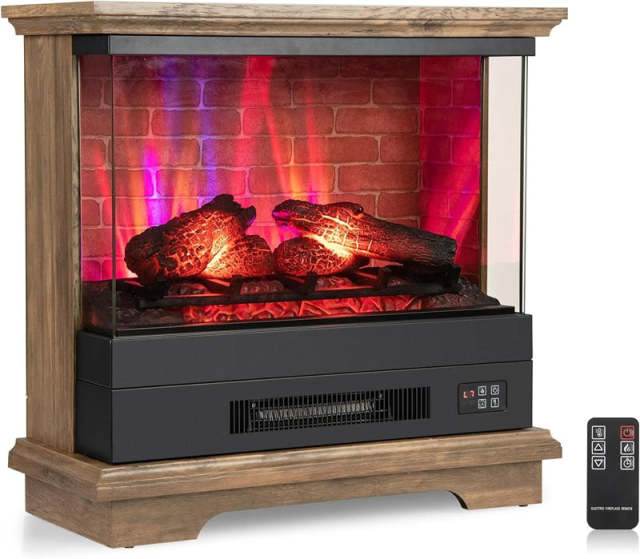 27" Electric Fireplace with Mantel, 3-Sided Glass View Freestanding Heater 1400W with 7 Flame Colors, Remote, 6H Timer & Overheat Protection