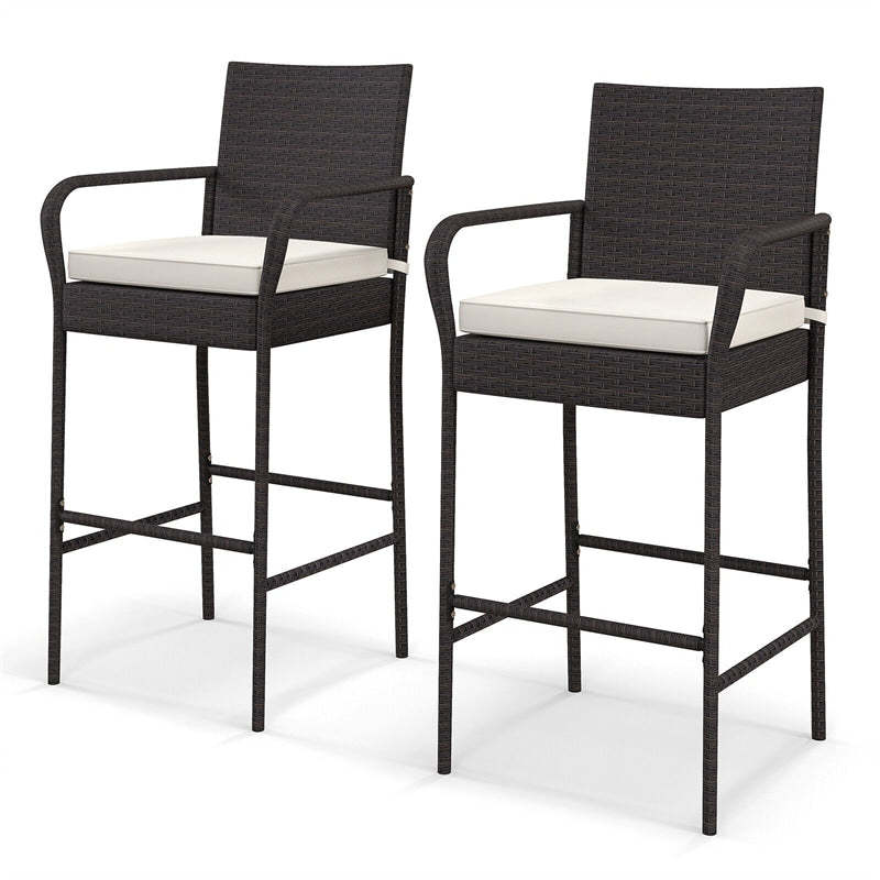 Bestoutdor PE Wicker Bar Stools Set of 2 Heavy Duty Frame Rattan Patio Bar Chairs 29.5" High Back Barstools with Armrests & Soft Cushions